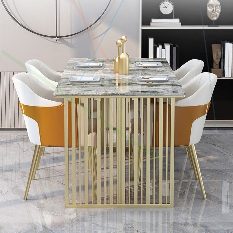 Mesa de comedor rectangular de piedra sinterizada Mesa de comedor de lujo tradicional con marco dorado