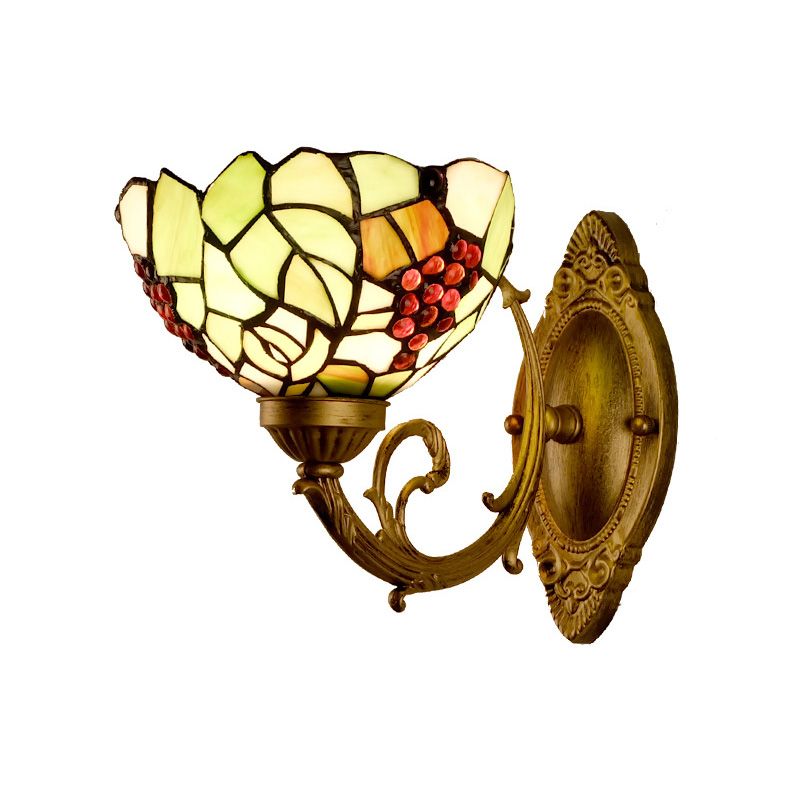 Grape/Blossom Vanity Lighting Fixture 1 Light Stained Art Glass Victorian Sconce Light in Brass for Bathroom