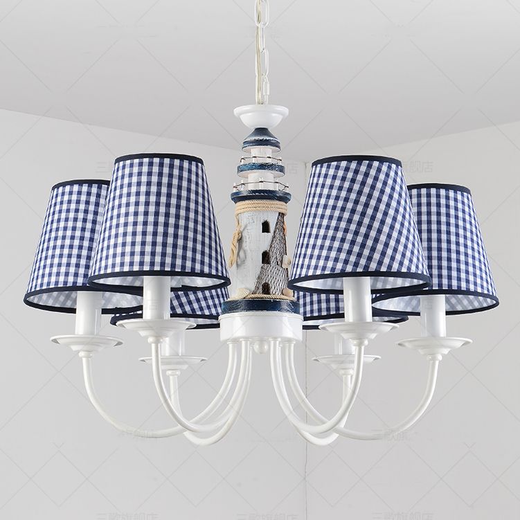 Kids Blue Pendant Light with Plaid Shade Lighthouse 6 Lights Metal Chandelier for Child Bedroom