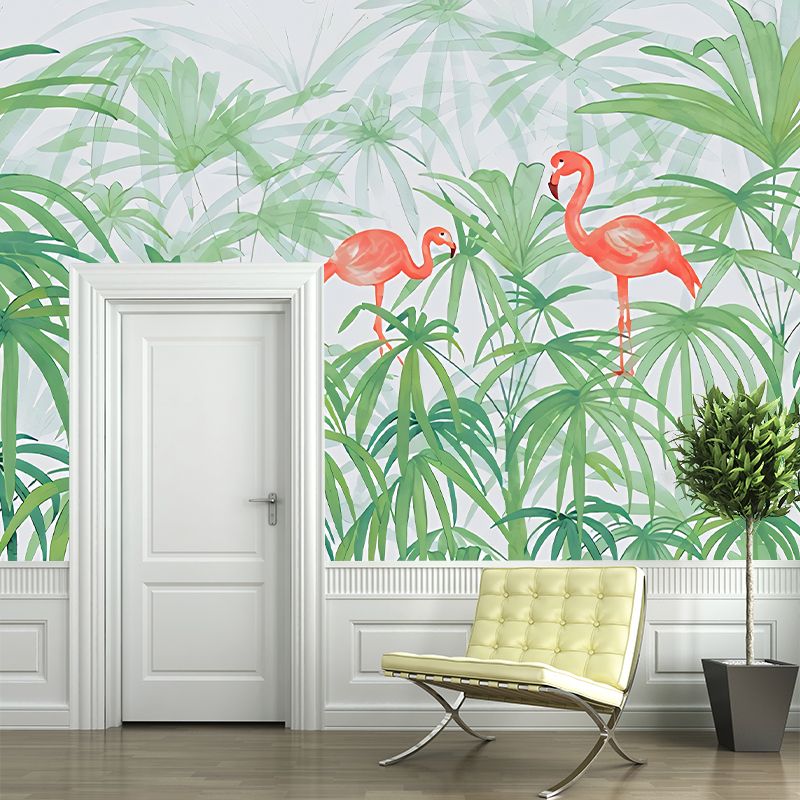 Plants Flamingo Murals Decal Tropical Non-Woven Fabric Wall Art in Green for Bedroom