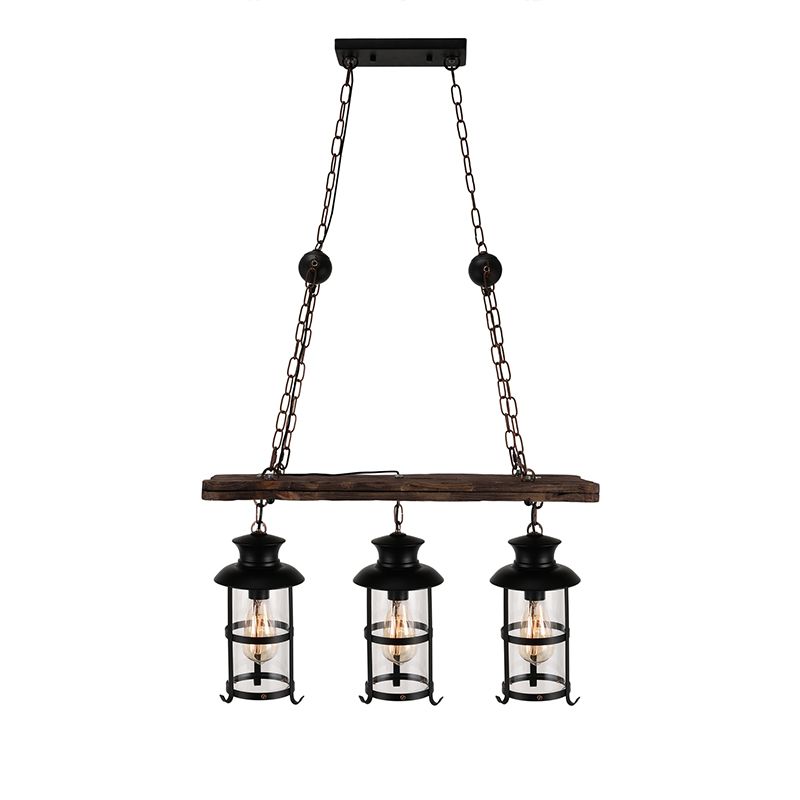 Clear Glass Lantern Island Pendant Light Industrial 2/3 Lights Bar Hanging Lamp in Black with Wood Decoration and Cage
