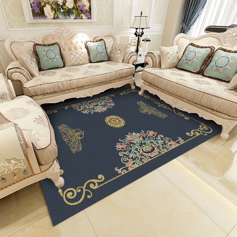 Navy Traditional Area Rug Antique Pattern Polyester Carpet Stain Resistant Rug for Home Decor