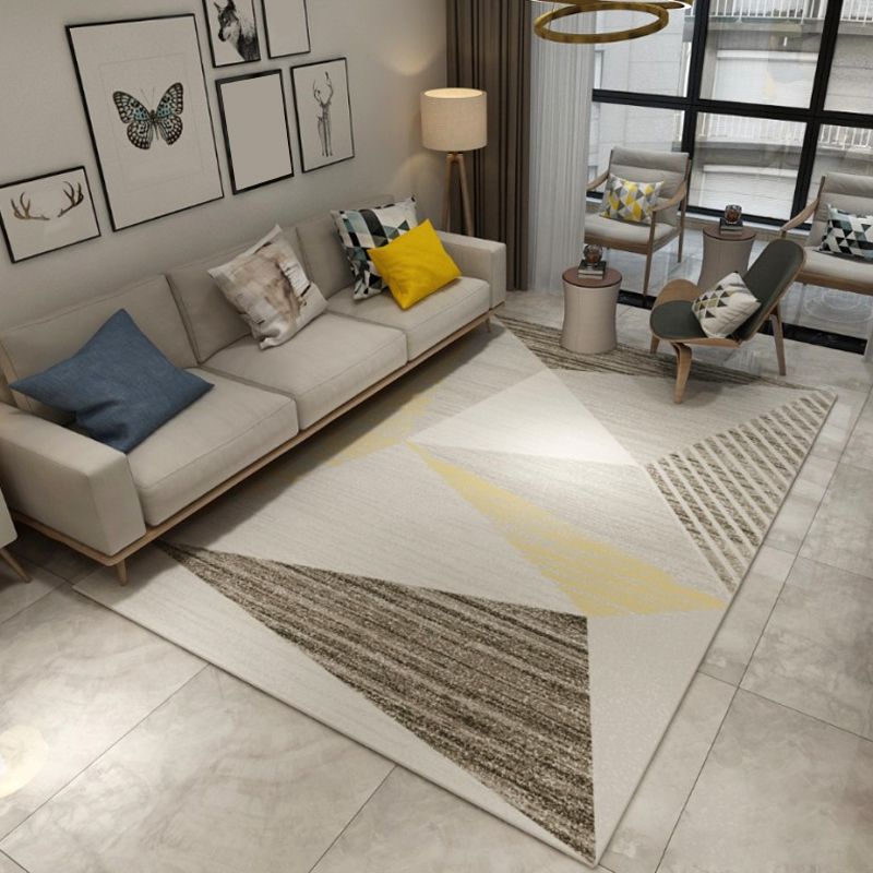 White Modern Area Rug Geometric Print Polyester Area Carpet Non-Slip Backing Rug for Home Decor
