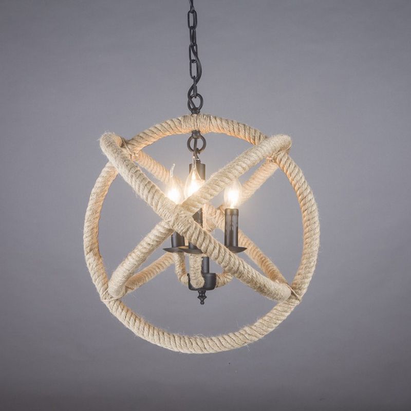 White Orbit Globe Pendant Chandelier Farmhouse Hemp Rope 3 Bulbs Dining Room Ceiling Light