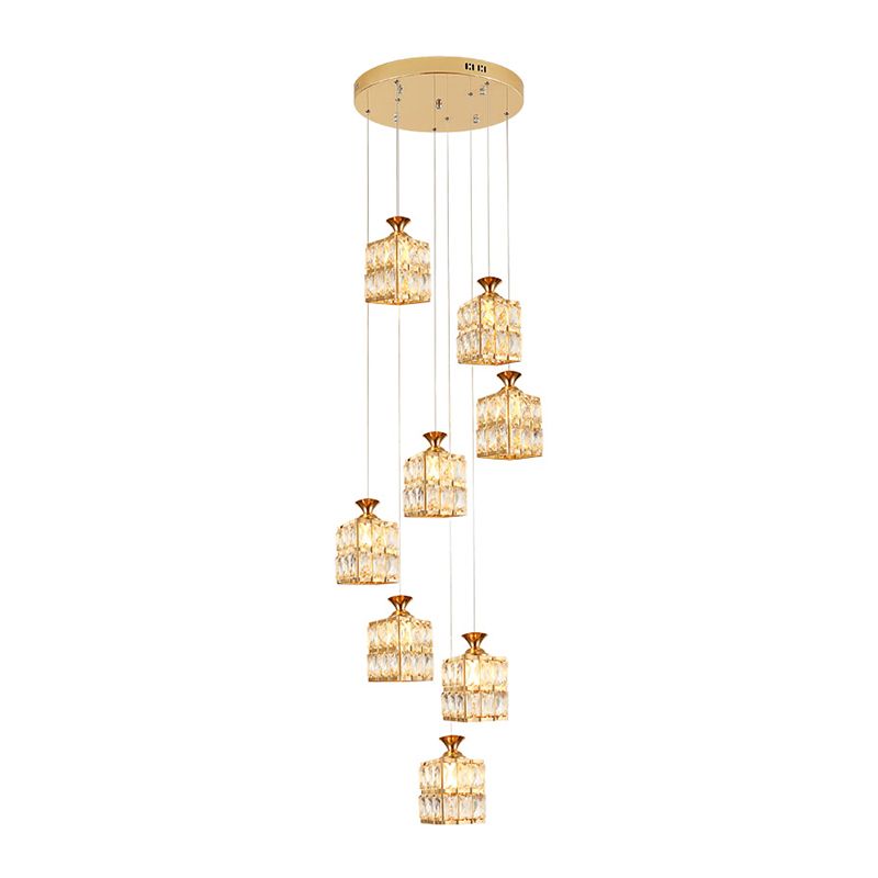Gold Cube Suspension Lamp Contemporary Crystal 8-Bulb Stair Multi Pendant Chandelier