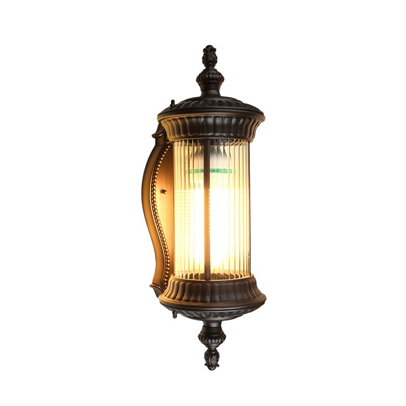 Lodge Cylindrical Sconce Fixture Single Light Clear Prismatic Glass Wall Lamp in Dark Coffee
