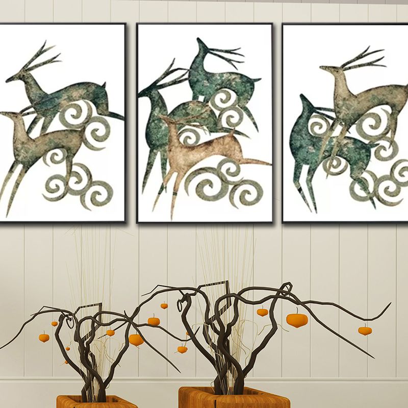 Green Deer Wall Art Set Wild Animal Nordic Textured Canvas Print for Dining Room