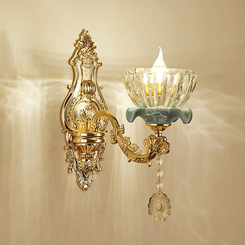 Glass Gold Wall Mount Light Ruffle Flower Retro Wall Lighting with Crystal Draping