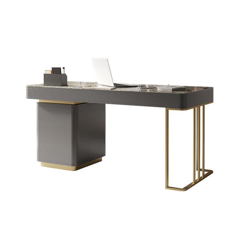 Grey Drawers Writing Desk Glam Stainless Steel and Stone Office Desk Rectangular