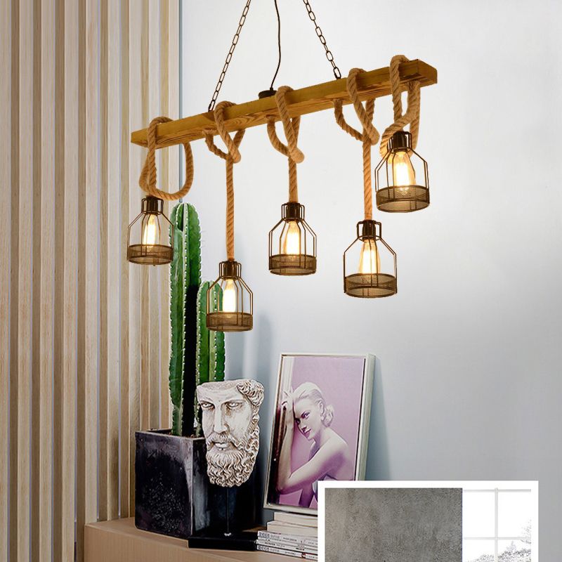 5 Heads Hanging Light Retro Industrial Wire Cage Metal Island Lighting with Adjustable Rope in Brown