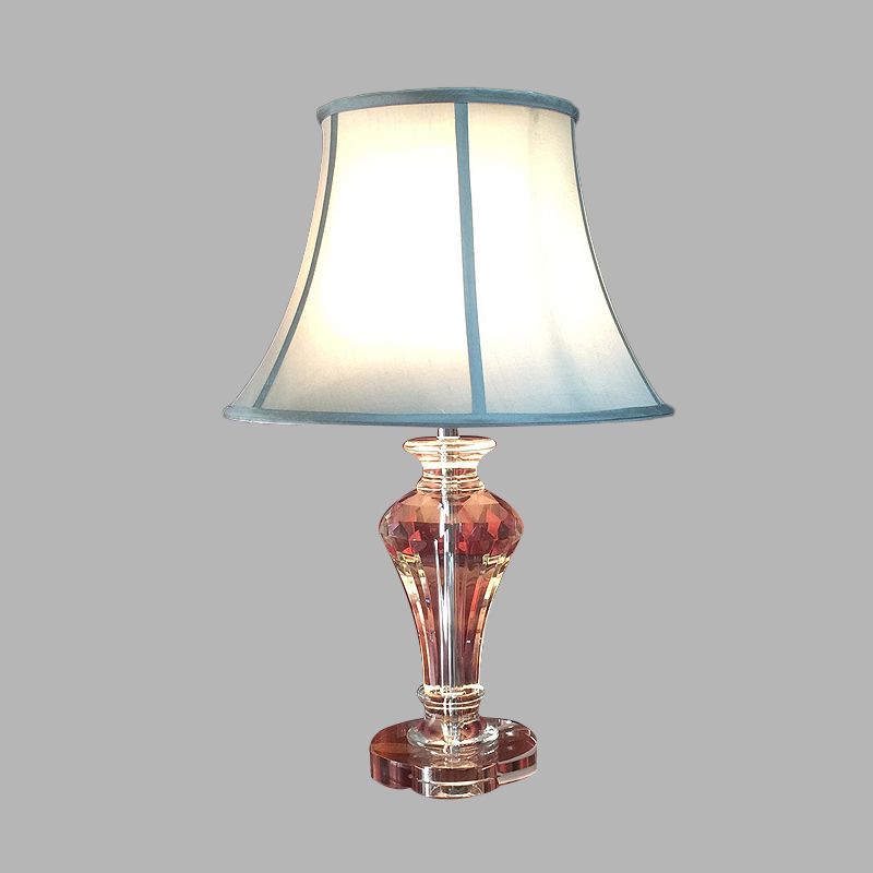 Tela blanca/azul lámpara de noche de estilo rural de lámpara de tela con base de cristal transparente