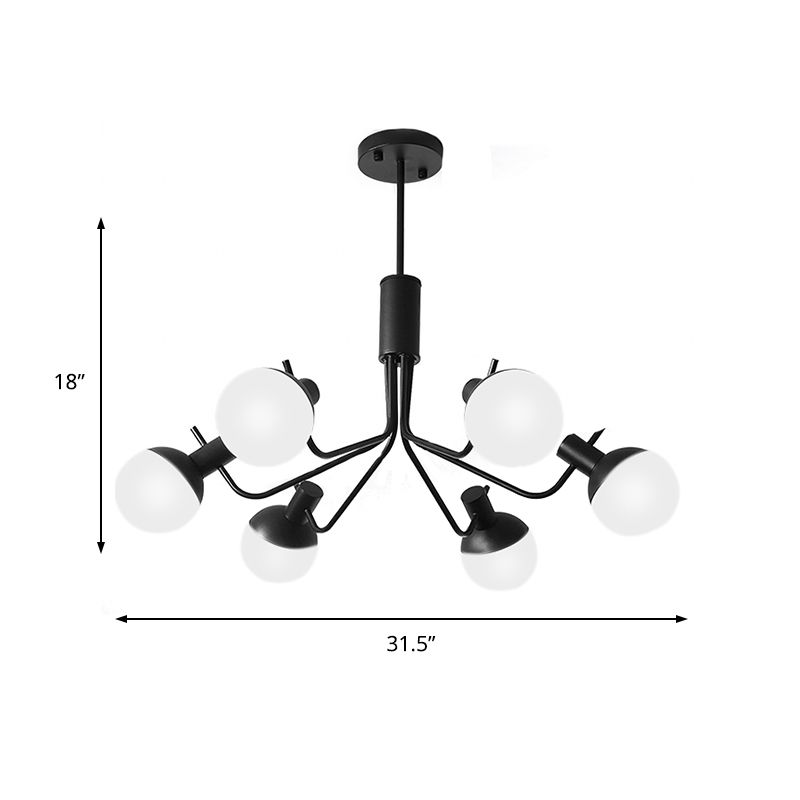 Kugel Halbblütig helles zeitgenössisches weißes Glas 6/8 Köpfe in der Nähe der Deckenlampe in Schwarz