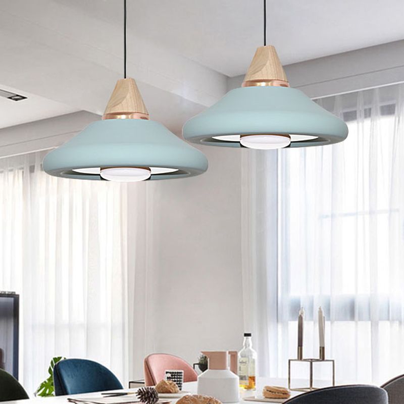 Macaron Wide Flare Down Lighting Metal 1 Bulb Pendant Light Fixture in Blue/Green with Wood Cap