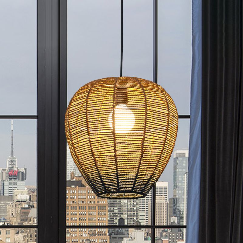 Luz colgante curva/alargada de color beige y azul contemporáneo 1 iluminación colgante de cáñamo de cáñamo para restaurante, 6.5 "/8.5"/14 "de ancho