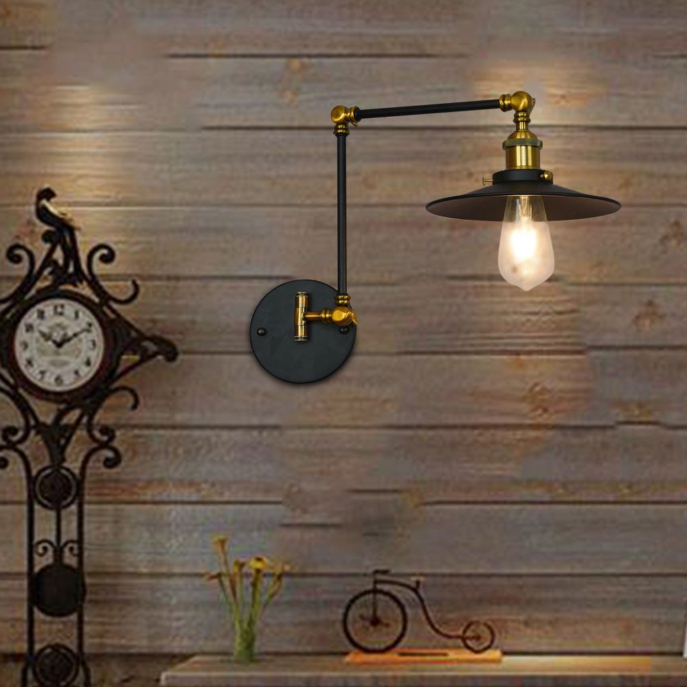 1 Éclairage mural de soucoupe de tête vintage Black Finish Metal Applexe Lampe avec bras réglable pour le salon