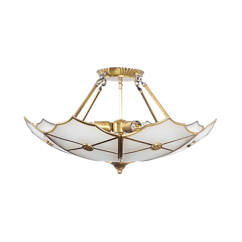 Umbrella Semi Flush Mount Tradition Metal Brass 3 Bulbs Ceiling Light Fixture for Hallway