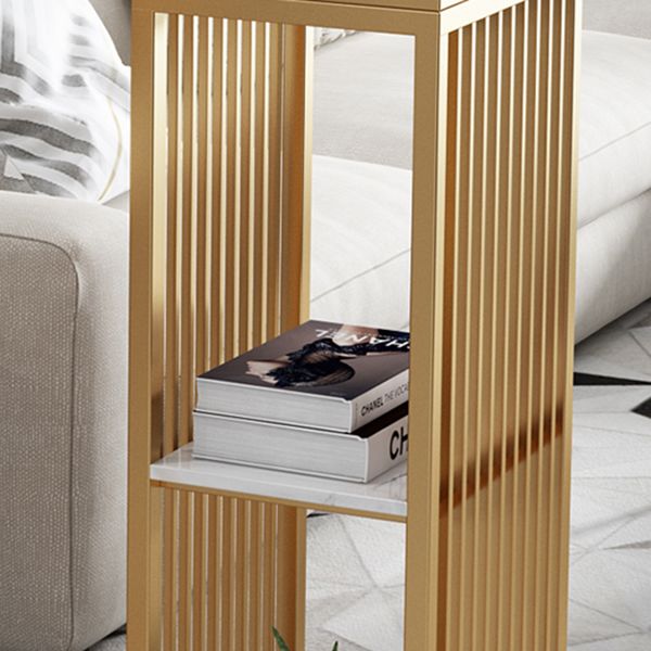 Glam Rectangle Faux Marble Bistro Table Iron Double Pedestal Bar Dining Table with 2-Shelf