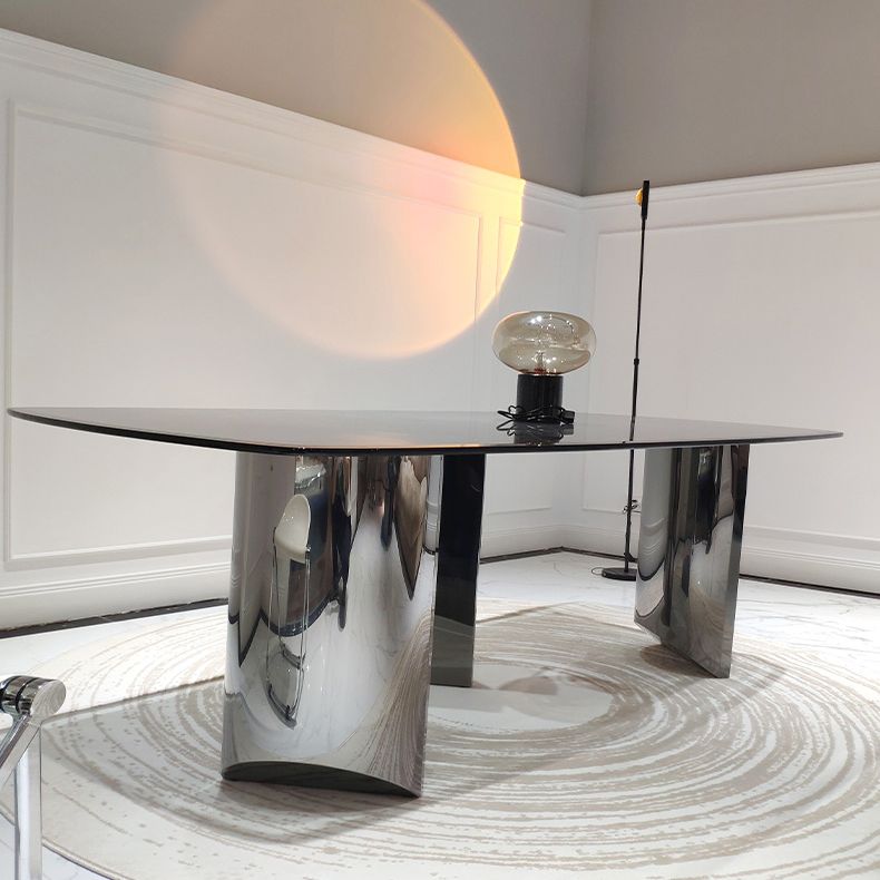 Glass Top Dining Table Rectangle Dining Table with Stainless Steel Base