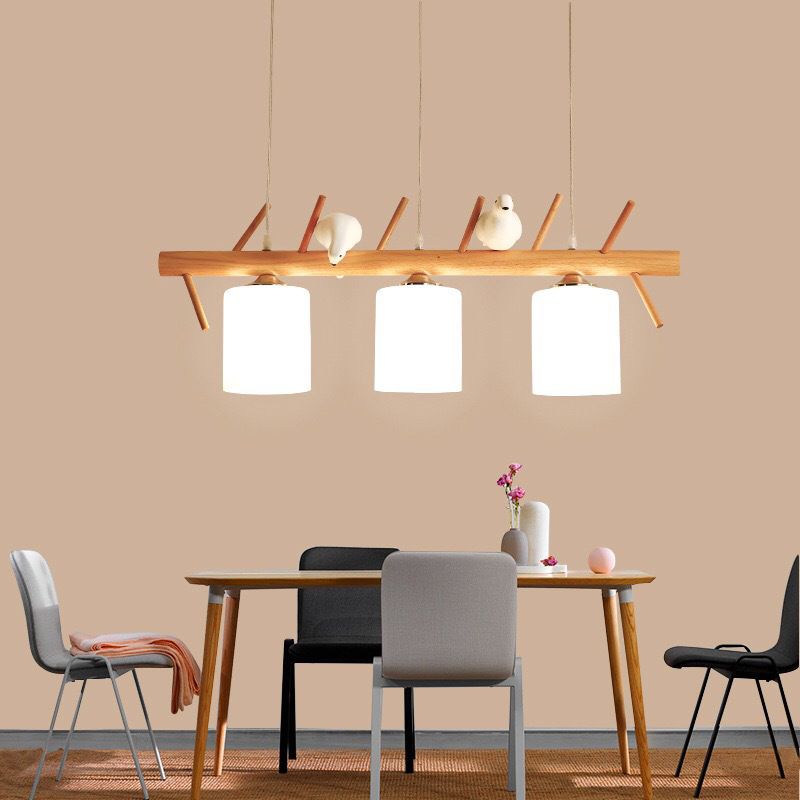 Wood Island Lamp Modern Island Hanging Light with Glass Shade for Dining Room