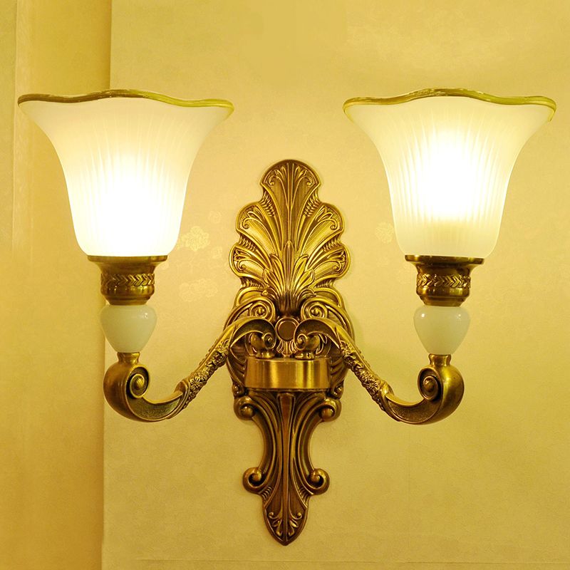 2 Heads Petal Sconce Lamp Traditional Style Frosted Glass Wall Lighting with Gold Metal Arm