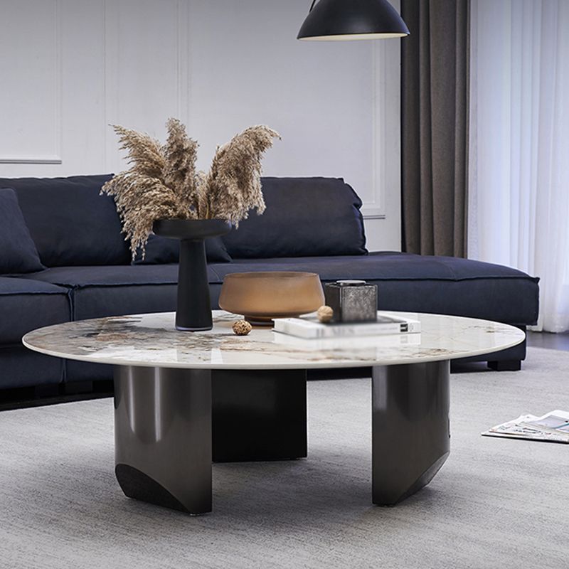Modern Style Round Coffee Table with Iron Craft Black Base and Rock Slab White Top