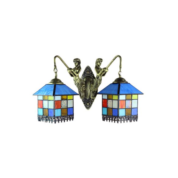 House Wall Light Fixture Tiffany Multicolor Stained Glass 2 Heads Clear/Blue Sconce Lighting
