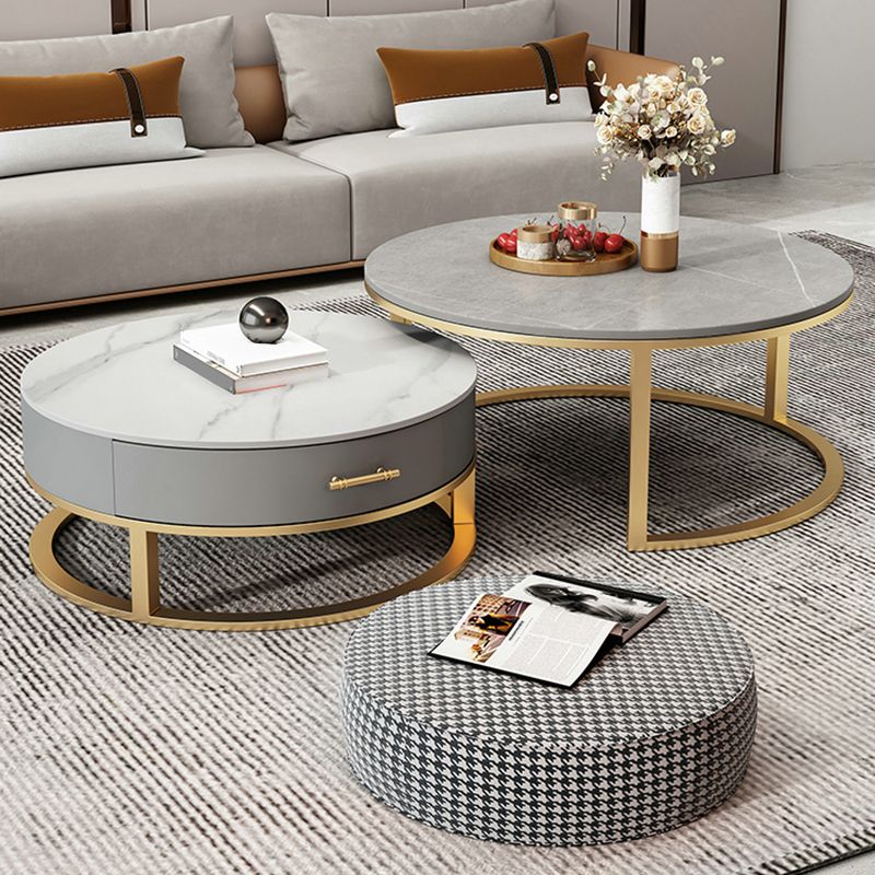 Slate Top Coffee Table Set Round Frame Cocktail Table with Storage Drawers