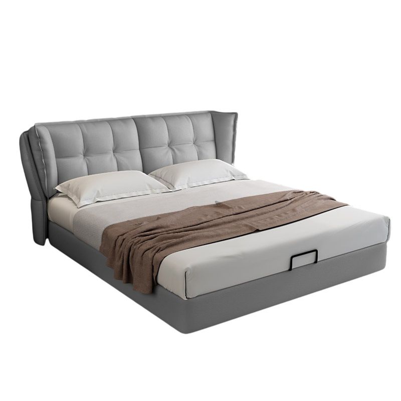 Modern Grey Wingback Bed with Rectangle Faux Leather Headboard
