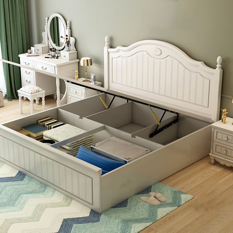 French Country Panel Bed Wood White Bed Frame with Arched Headboard