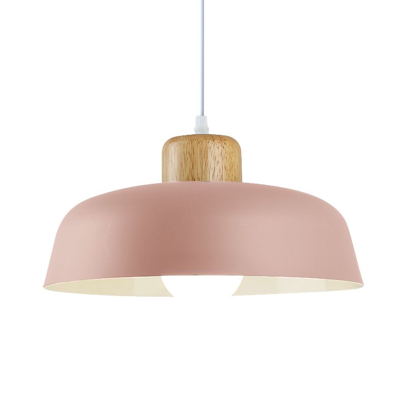 Bowl Shade Restaurant Pendant lampe Métallique 1 Macaron Macaron Lumière en rose / bleu / jaune avec bouton de bois