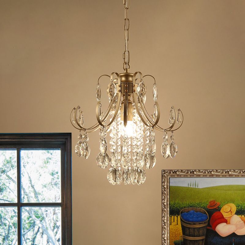 Bent Arm Suspension Lighting Simplicity Crystal Strand 1 Head Black/Gold Finish Hanging Ceiling Light