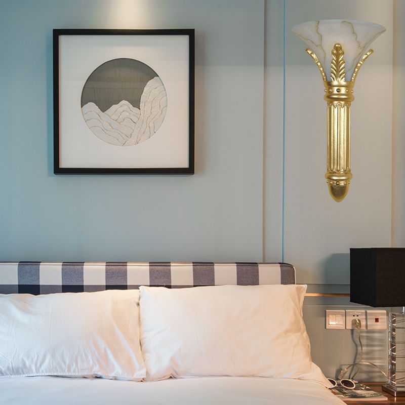 Lodge Style Bell Wall Light Fixture 1 Bulb White Glass and Resin Wall Sconce in Gold for Bedroom