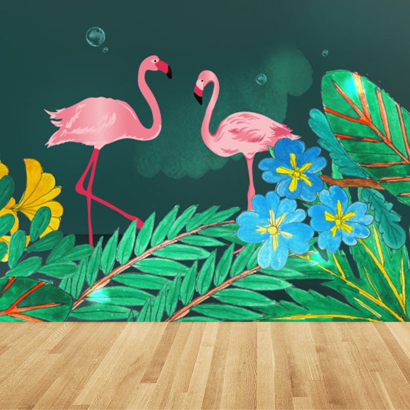 Waterproof Flamingo and Leaves Mural Tropical Non-Woven Wall Art, Custom Size Available
