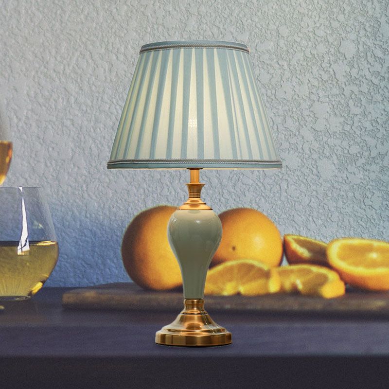 Ceramic Urn Table Lighting Vintage 1 Bulb Bedside Nightstand Light in Aqua/Beige/Silver Grey with Tapered Fabric Shade