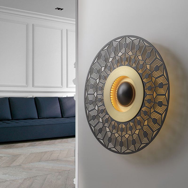 LED Metal Flush Wall Sconce Colonialist Brass Circular Porch Wall Mount Light Fixture