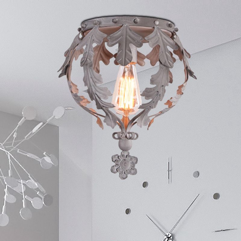 Single Inverted Leaf Crown Flush Light Rustic Grey/White/Gold Metal Ceiling Mounted Lamp for Corridor