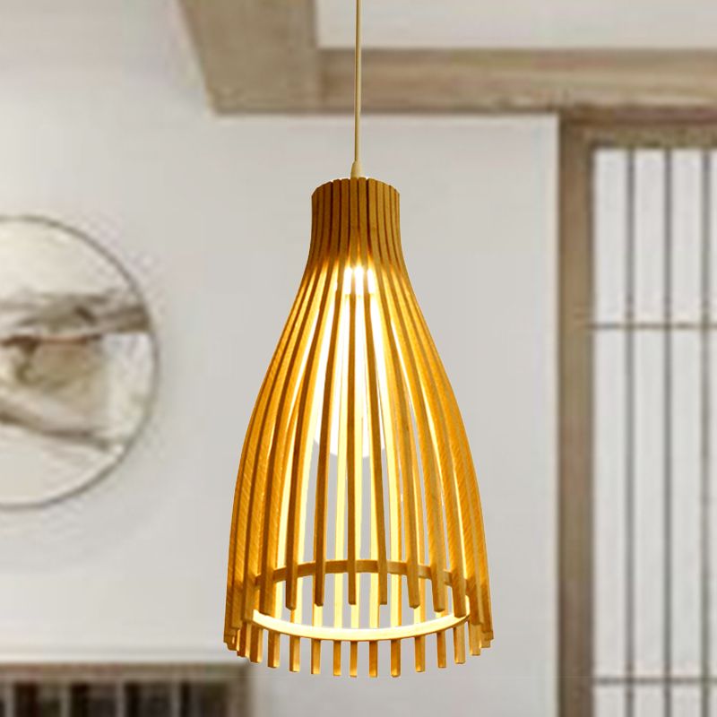 Conical Bamboo Strip Pendulum Lamp Japanese 1-Light Beige Hanging Ceiling Light for Tea House