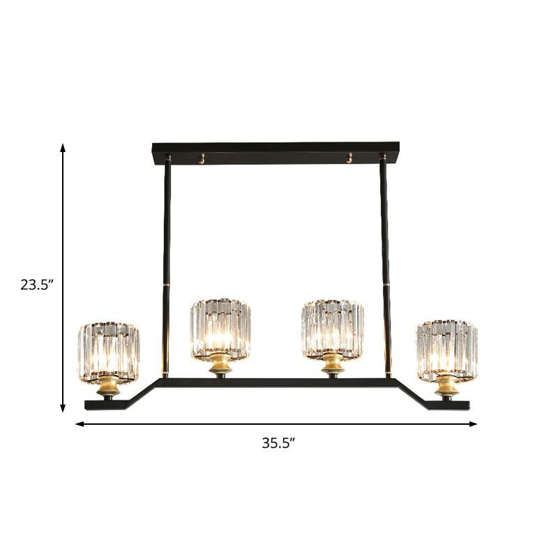 Clear Crystal Cylinder Island Pendant Light Modern 3/4 Lights Island Lighting in Black for Indoor
