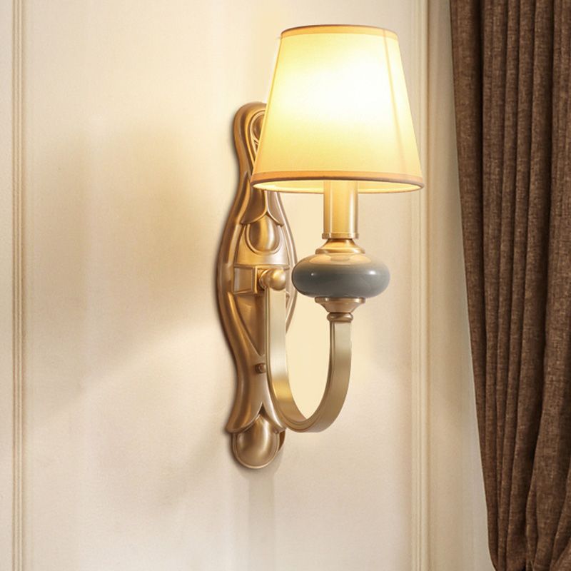 Arc Arm Wall Lighting Simplicity Metal Single Corridor Sconce Light with Cone Fabric Shade in Gold
