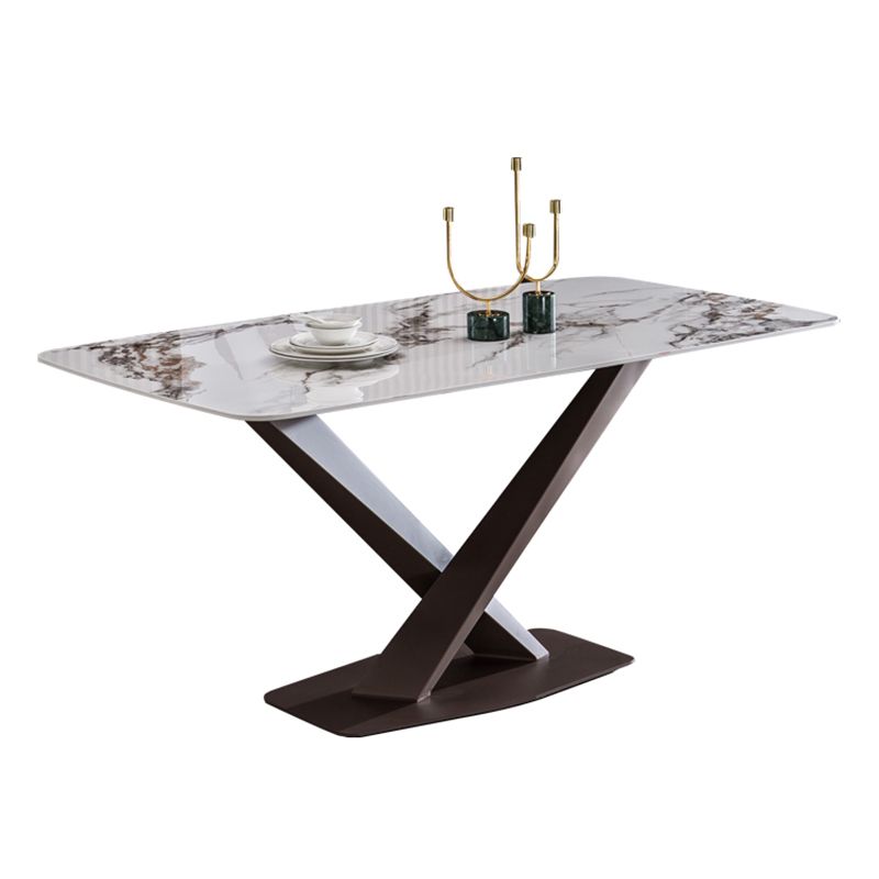 Mesa de rectángulo de lujo tradicional de metal mesa de piedra sinterizada blanca con base de pedestal
