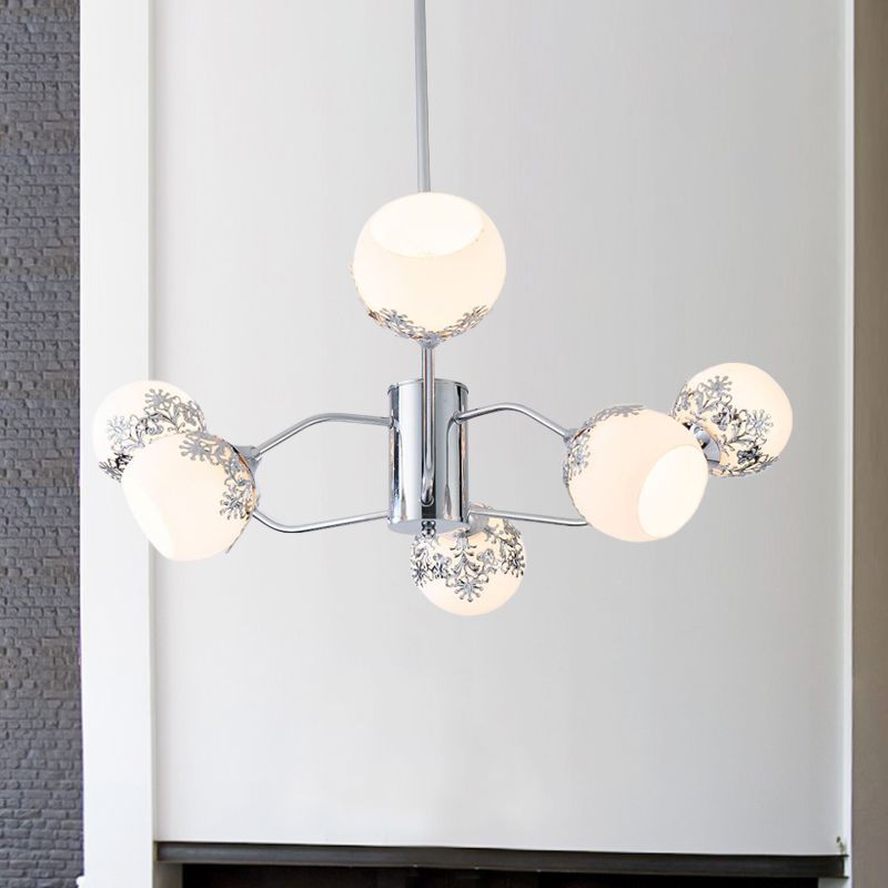 Contemporary Ball Hanging Chandelier Frosted White Glass 6 Lights Living Room Pendulum Lamp in Chrome with Flower Pattern