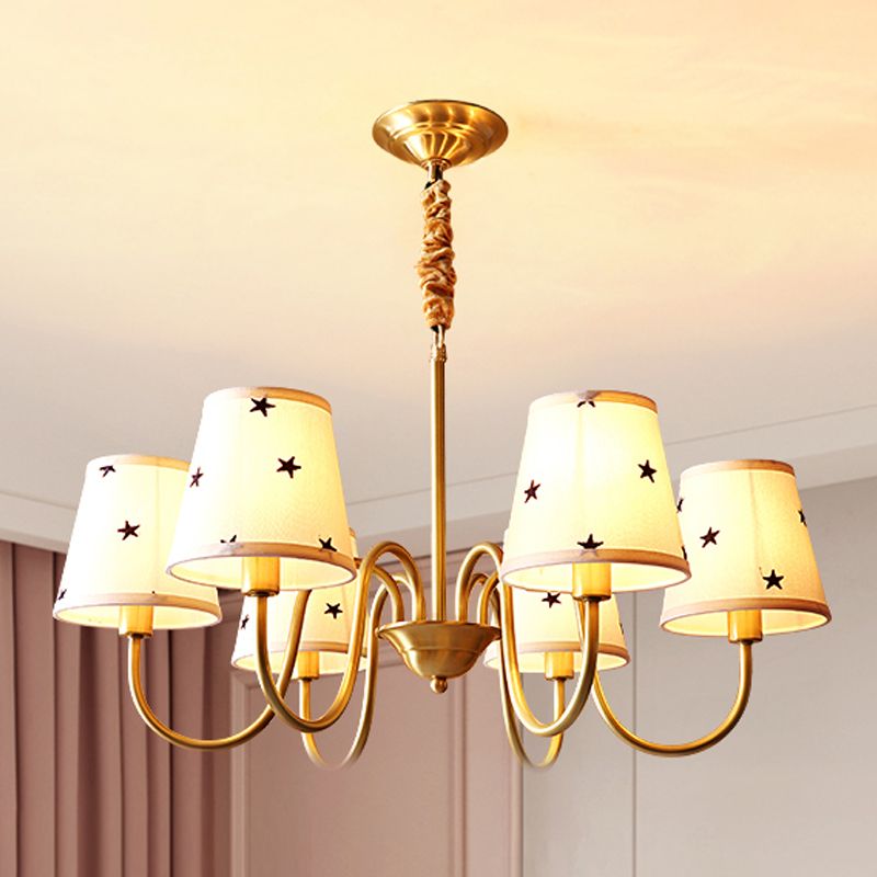 Traditional Style Chandelier Light Fabric Shade Brass Lighting Fixture for Living Room