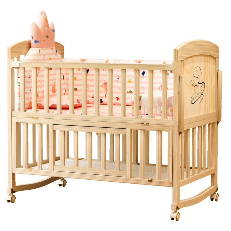 Wooden Modern Nursery Bed Wheels Arched Baby Crib with Storage