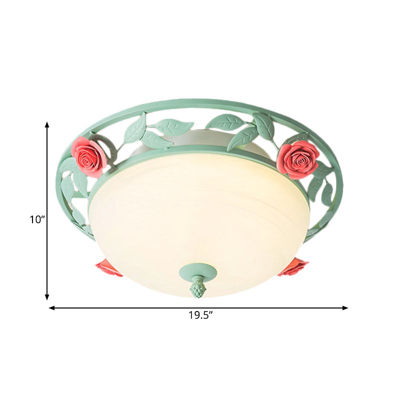Frosted Glass Dome Flush Light Romantic Pastoral LED Bedroom Flush Mount in Light Green with Rose Decor