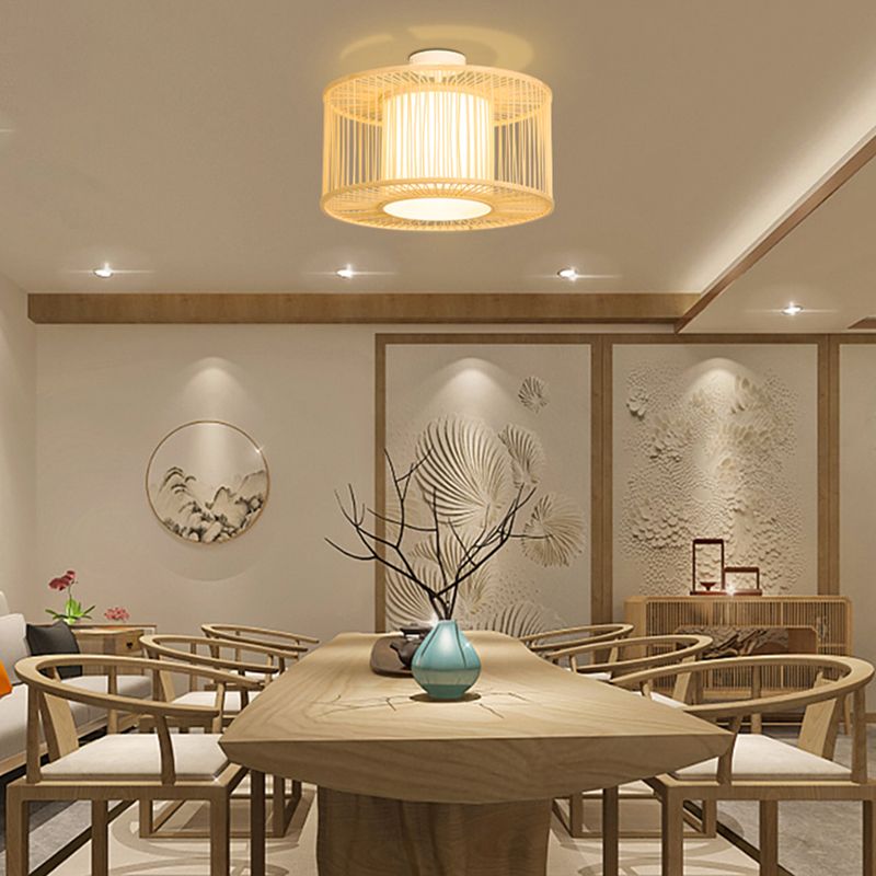Beige Cylindrical Ceiling Mounted Light Asia Style Bamboo Bedroom Ceiling Lighting