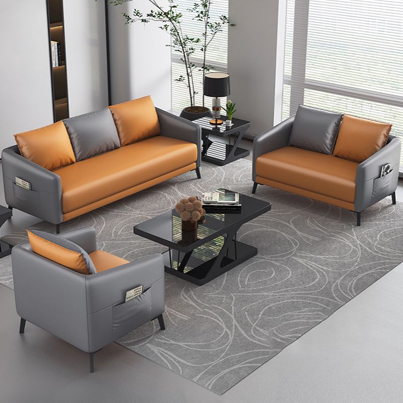 Mid-Century Modern 3-Seater Sofa Faux Leather Square Arm Sofa with Storage