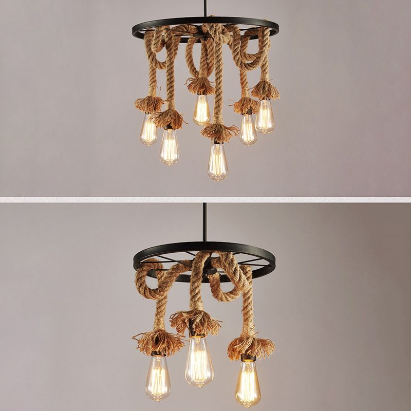 Lámpara de araña colgante negro de estilo retro de la rueda de la cuerda del lámpara de iluminación de la lámpara