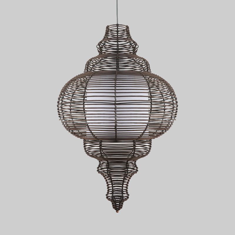 Chinese 1 Bulb Ceiling Lamp Coffee Gourd Hanging Light Fixture with Rattan Shade