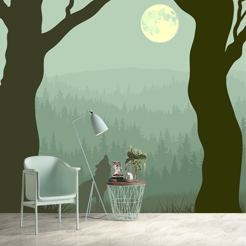 Large Moon Night Mural Wallpaper Turquoise Non-Woven Wall Art, Waterproof, Custom Made