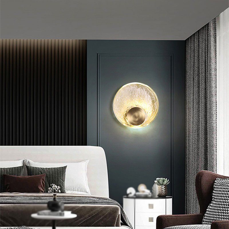 Solid Brass and Crystal Wall Sconce Contemporary Round Wall Light in Gold & Clear